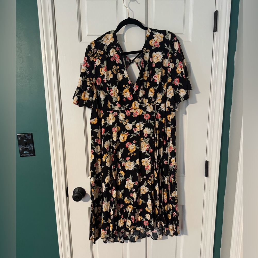 Torrid Floral Black Dress with Ruffle Sleeves